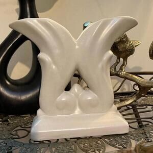 Vintage White Ceramic Cornucopia Vase 1940s Art Deco / Art Nouveau Matte Beige